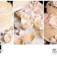 2 tier beige wedding cake with ruffle flowers