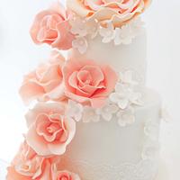 Peach and Ivory Rose Casade Wedding Cake 