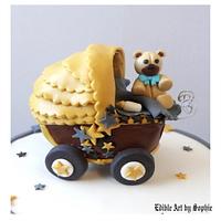 Invite inspired baby Shower Cake ;) With a cutie bear on a stroller.