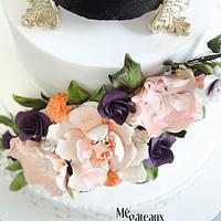 gold, coral and eggplant wedding cake