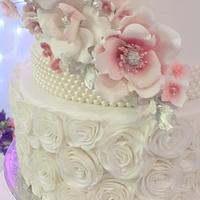 3 tiered pearls and peonies vintage wedding cake