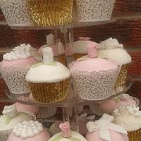 Dusky pink and Ivory Christening Cupcakes