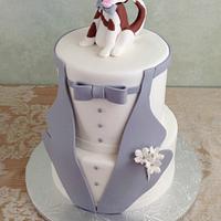 Bride and Groom cakes with dog toppers