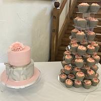 Pink and grey Dahlia  wedding cake