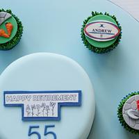 Retirement and 55th birthday cake and rugby and gardening cupcakes