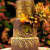Autumn wedding cake with gold lace (winning cake at Cake Masters autumn cake competition)
