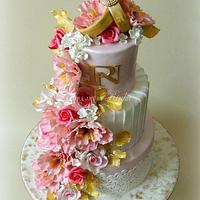Pink, White & Gold Engagement Cake