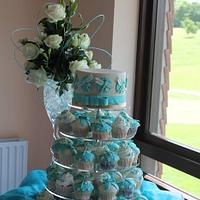 Caramel and Teal Dragonfly cake and cupcakes