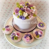 Purple Garden themed wedding cake & cupcakes