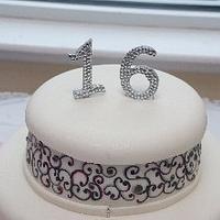 Sweet Sixteen Hand Painted Scrolls with Silver and Peach accenting Cake