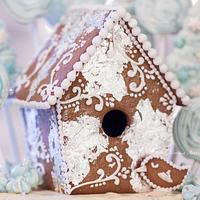 Blue Gingerbread Birdhouse Drip Cake
