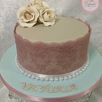 Vintage Birthday Cake- Lace & Pearls with Ivory sugar roses