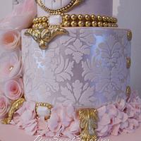 Ladies damask and wafer flower birthday cake