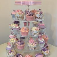 Wedding Cupcake Tower in Pink & Purples with top cutting cake