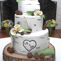 White Modeling Chocolate wrapped birch wedding cake