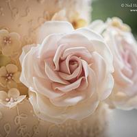 Blush Pink Vintage Lace and Dusky Pink Rose Wedding Cake
