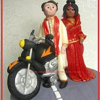Indian Bride with Sari & British Groom - Bridal Couple on Motor Bike - Cake Topper 