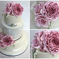 Peony Roses & Lace Wedding Cake
