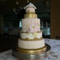 Pink and Gold Wedding Cake with Lovebirds