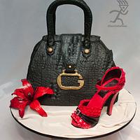 Crocodile Skin Guess Handbag with Pink Versace Ruffle Stiletto