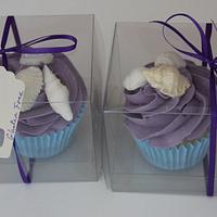 Shells and Blue hydrangeas Purple Ombre wedding cake