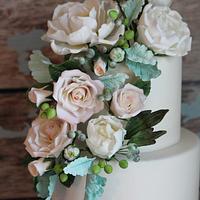 White Peonies and Roses Rustic Wedding Cake