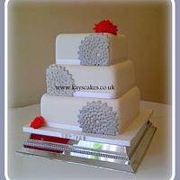 Fan/Lace Doily Design Wedding Cake Red and Silver Theme