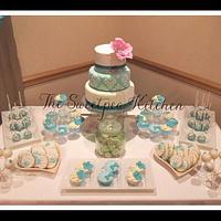 Mehgan - Teal, white and pink cake with matching dessert table 