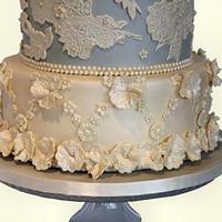 Silky Ivory & Silver Lace & Peony Wedding Cake 