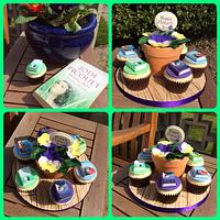 Plant pot cake with miniature book cupcakes
