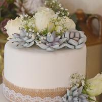 Rustic lace and succulent wedding cake