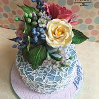 Sugar flowers and brush embroidery lace cake