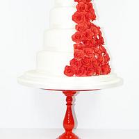 red cascading rose wedding cake 