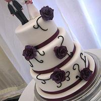 3 Tier White & Plum Wedding Cake