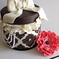Damask round gift box cake with flower and  pearls!