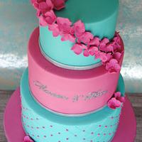 Turquise & Pink Wedding Cake with silver piped Names