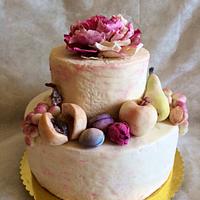 Cake with peony and fruits
