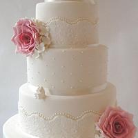 Lace, Pearl and Rose Wedding Cake
