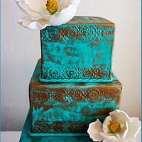 Verdigris and Magnolia Wedding Cake