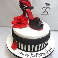 Edible Two Toned Ruffled Stiletto with Rose, Stripes & Pleated Ribbon