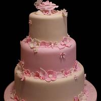 Three tier pink and ivory flowers