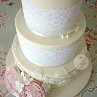 Peony & lace wedding cake