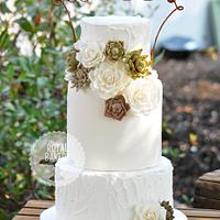 Roses and Succulents Wedding Cake