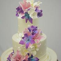 Wedding Cake with Orchids and Stargazer Lilies