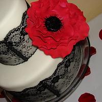 Bridal Show Black Lace with Red Flower Tiered Cake