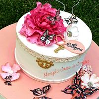 Cake with peony & butterflies  