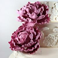 Vintage Lace Wedding Cake with Closed Sugar Peonies