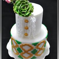 Green and Gold Quatrefoil With Succulent flower    