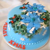Fantasy Blue Ponsettia & Ivy Christmas Cake