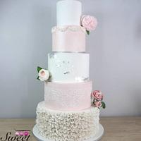 Blush and silver wedding cake